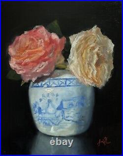 Original oil painting garden roses in ginger pot, 8x10. Floral still life