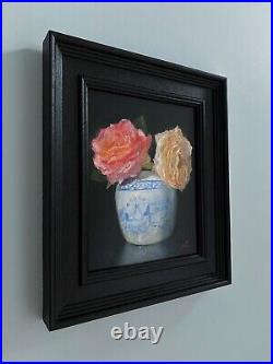 Original oil painting garden roses in ginger pot, 8x10. Floral still life