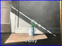Original oil painting on canvas of Interior with jug of white flowers