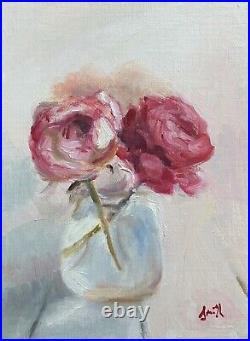 Original oil painting pink flowers shabby chic boho. Floral still life