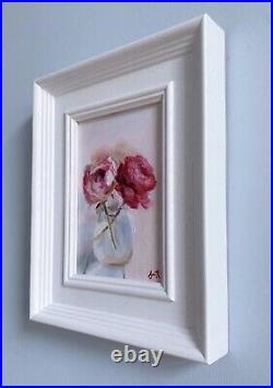 Original oil painting pink flowers shabby chic boho. Floral still life