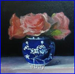 Original oil painting pink roses in a prunus ginger jar. Floral still life