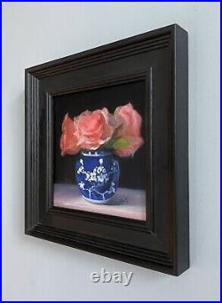 Original oil painting pink roses in a prunus ginger jar. Floral still life