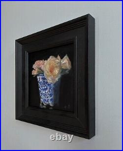 Original oil painting pink & white roses in Chinese vase. Floral still life
