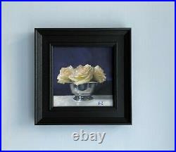 Original oil painting white roses in silver rose bowl. Floral still life
