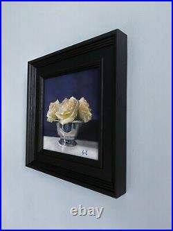 Original oil painting white roses in silver rose bowl. Floral still life