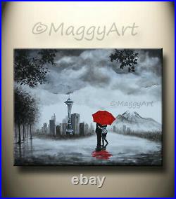 Original painting, Seattle lover, kissing in rain, black white red, 30x24 inch