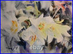 Original painting by American Artist Grace Jung / White Lily Flowers