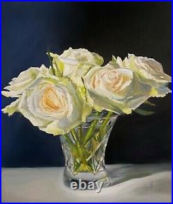 Original painting large canvas White Roses Still Life. Jackie Smith