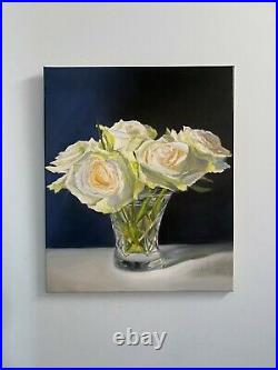 Original painting large canvas White Roses Still Life. Jackie Smith