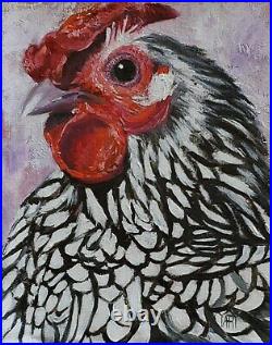 PAINTING Chicken Bird Hen Black White Farm Animal ORIGINAL ART OIL Yary Dluhos