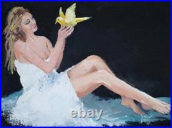 PAINTING Woman Figure Girl Bird White Dress Recline ORIGINAL ART OIL Yary Dluhos