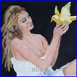 PAINTING Woman Figure Girl Bird White Dress Recline ORIGINAL ART OIL Yary Dluhos