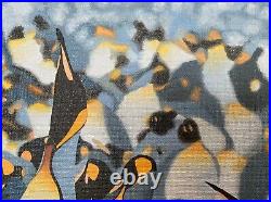 Penguins Original Oil Painting on Canvas Framed Small Artwork Grey White Blue