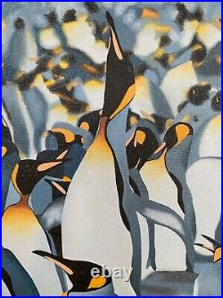Penguins Original Oil Painting on Canvas Framed Small Artwork Grey White Blue
