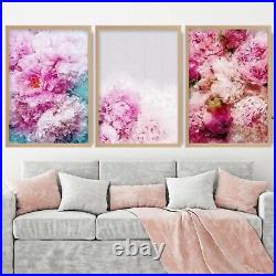 Pink Blue Peonies Floral Abstract Flower Wall Art Framed or Prints Set Of 3