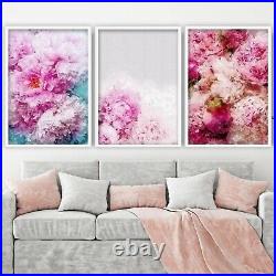 Pink Blue Peonies Floral Abstract Flower Wall Art Framed or Prints Set Of 3