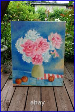 Pink White Garden Peonies Original Oil Painting Canvas 16x20 Hand Painted JSArt