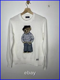 Polo Ralph Lauren Small Teddy Bear White Intarsia RRL French Artist Sweater VTG