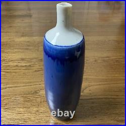 RON BAER Artist Signed Ceramic Porcelain Vase 13 Tall Blue Glazed White