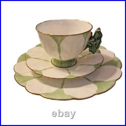 Rare Butterfly Handle Ansley Art Deco Green & White Trio Tea Set Estate Pieces