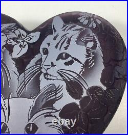 Rare Fenton Kelsey / Bomkamp Artist Proof Sand Carved Cats On Purple Heart Dish