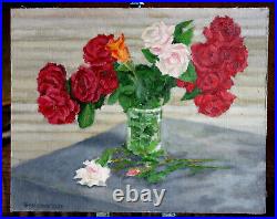 Red White Roses Original Oil Painting Linen Canvas Board 16x20 HandPainted JSArt