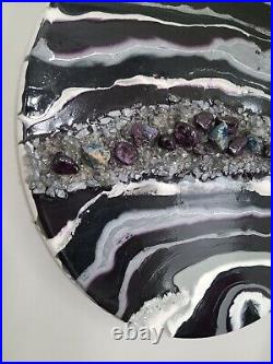 Resin Geode, Wall Art, Handmade, Dark Purple, Gray, White, Silver, Stones