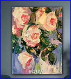 Richter Style Original Abstract Oil Painting On 61x45cm Canvas White Roses Oka