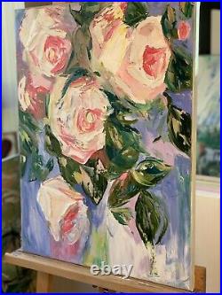 Richter Style Original Abstract Oil Painting On 61x45cm Canvas White Roses Oka