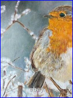 Robin painting original oil on canvas robin bird snow gift uk art unique winter