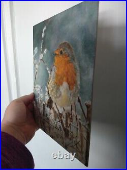 Robin painting original oil on canvas robin bird snow gift uk art unique winter