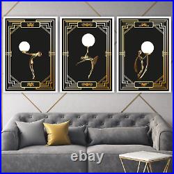 Set of 3 FRAMED ART Deco women GOLD Posters Art Prints Box Frame or Glossy Deco