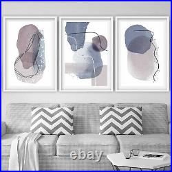 Set of 3 FRAMED Abstract Silver Effect Watercolour Purple Shapes Wall Art Gift