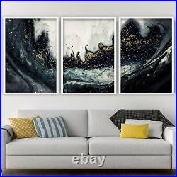 Set of 3 Framed ABSTRACT Black Gold Glitter effect Wall Art Print Picture Print