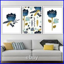 Set of 3 Framed Abstract Spring Floral Blue Yellow Art PRINT Flowers Leaves
