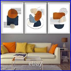 Set of 3 Framed Abstract Terracotta & Watercolour Navy Blue Shapes Wall Art Gift