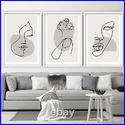 Set of 3 Framed Female Line Art Abstract Black Grey Shapes Pictures Wall Art