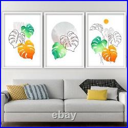 Set of 3 Framed Tropical Watercolour Leaves Orange Art Prints Pictures Wall Art