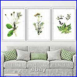Set of 3 Framed Yellow Green Floral Leaves Gold effect Wall Art Print Picture