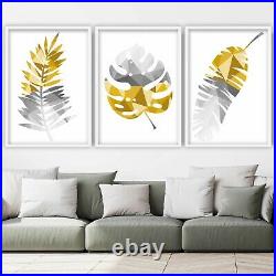 Set of 3 Yellow & Grey Geometric TROPICAL Leaves Fern Art Prints or Framed