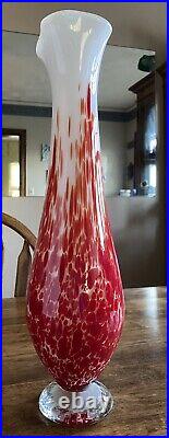 Signed by Artist Hand Blown White w Red Stretch Swung Vase 16 H