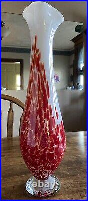 Signed by Artist Hand Blown White w Red Stretch Swung Vase 16 H