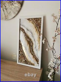 Sparkly Elegant Geode Epoxy Resin Art, Gold White, 64x33x2.5cm