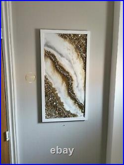 Sparkly Elegant Geode Epoxy Resin Art, Gold White, 64x33x2.5cm