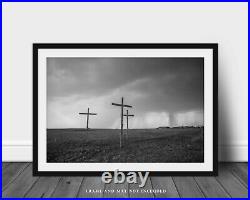 Spiritual Photography Print Black and White Picture of Three Crosses in Texas