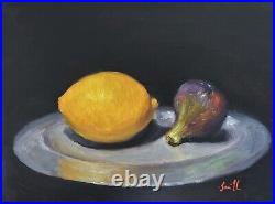 Still Life Impressionist Lemon & Fig on Pewter Plate original art oil painting
