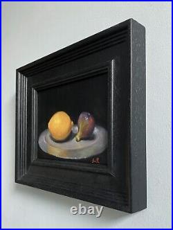Still Life Impressionist Lemon & Fig on Pewter Plate original art oil painting