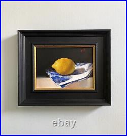 Still Life Impressionist Lemon on blue & white linen original art oil painting