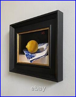 Still Life Impressionist Lemon on blue & white linen original art oil painting